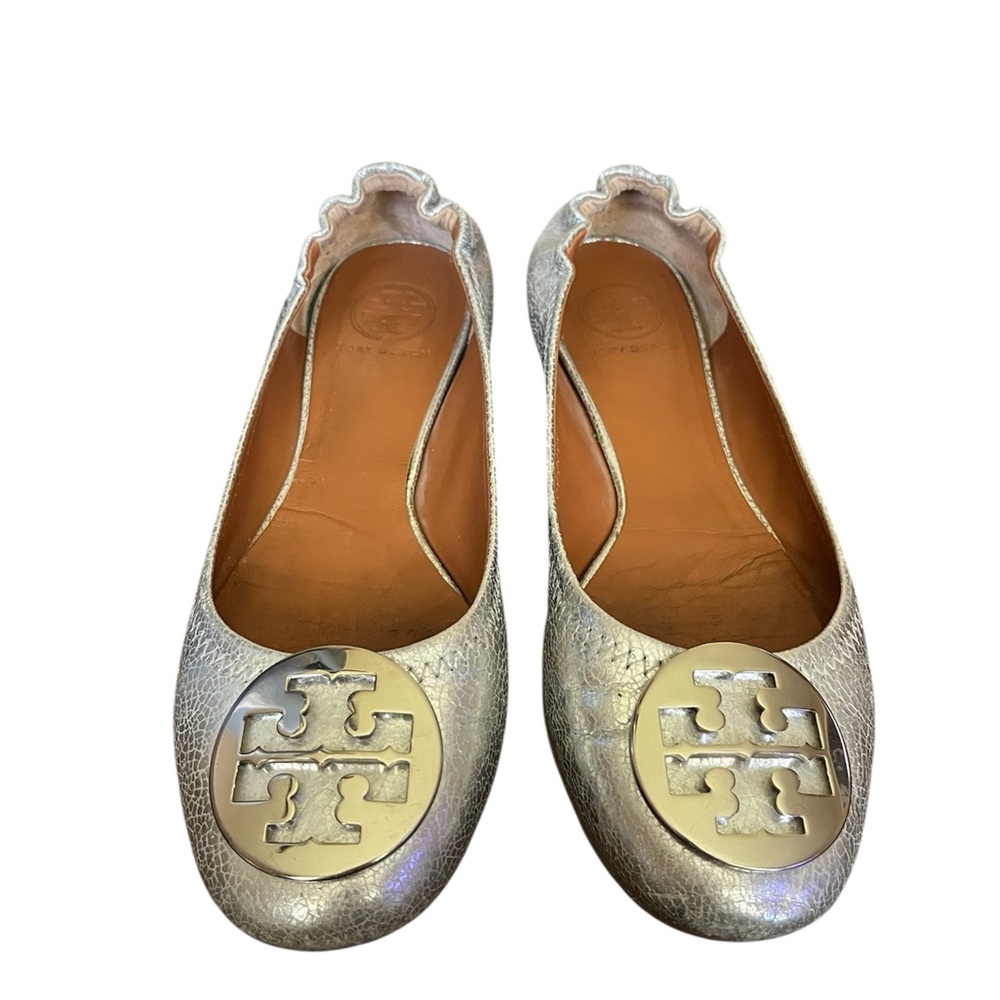✨ Tory Burch Minnie Travel Flats | Silver Crackle Metallic Size 8 ✨